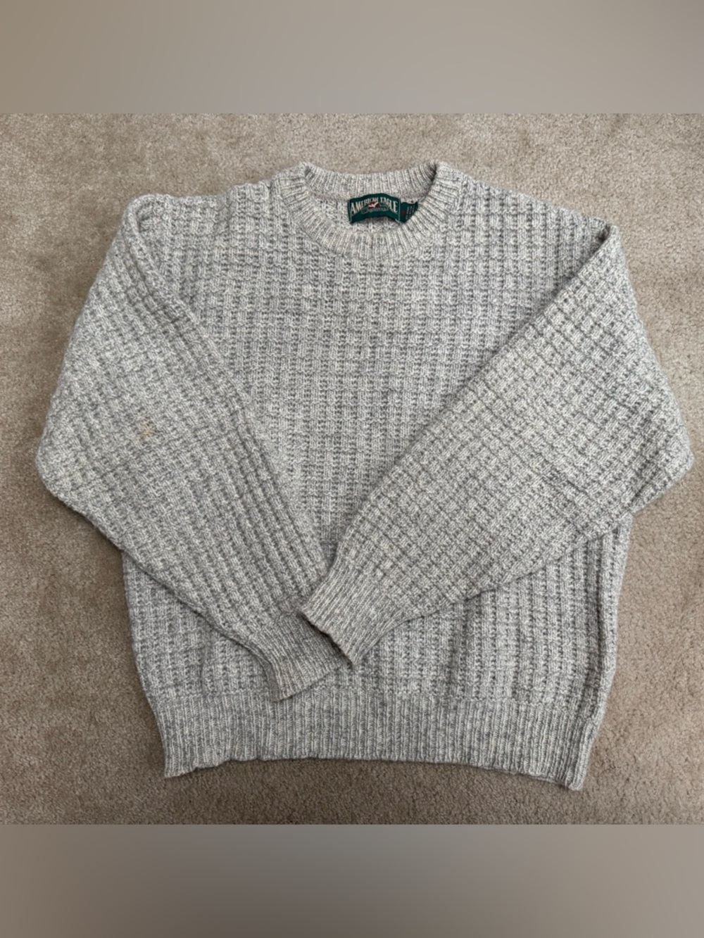 Vintage Style Women’s Wool American Eagle Crewneck Sweater Light Tan/Gray